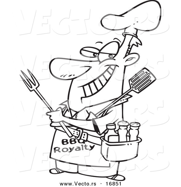 Vector of a Cartoon Man Wearing a Bbq Royalty Apron - Coloring Page Outline
