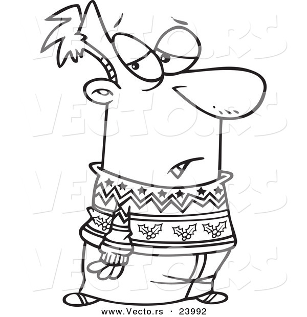 Vector of a Cartoon Man Wearing a Festive Sweater - Coloring Page Outline