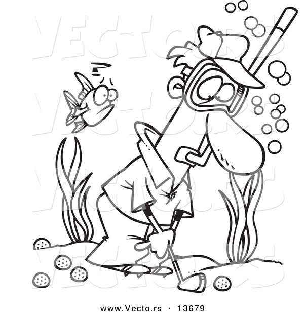 Vector of a Cartoon Man Wearing a Snorkel Mask and Golfing Underwater - Coloring Page Outline