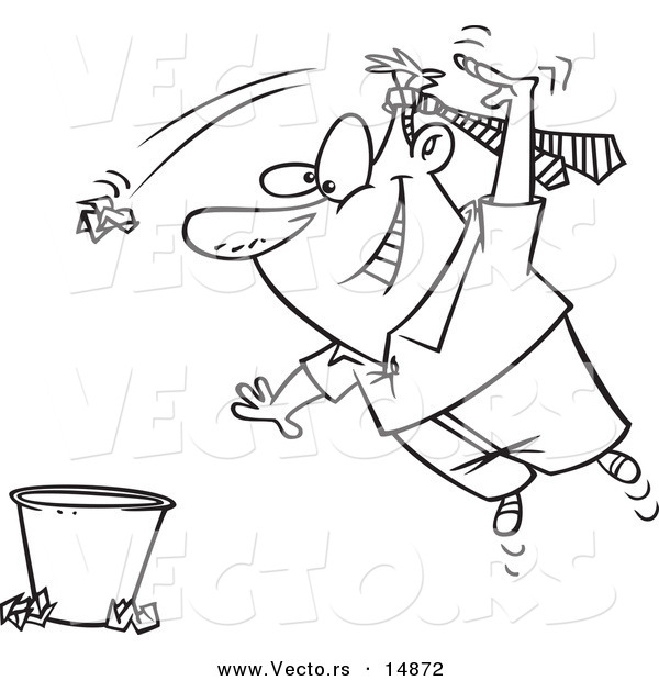 Vector of a Cartoon Man Wearing a Tie on His Head and Tossing Trash - Coloring Page Outline