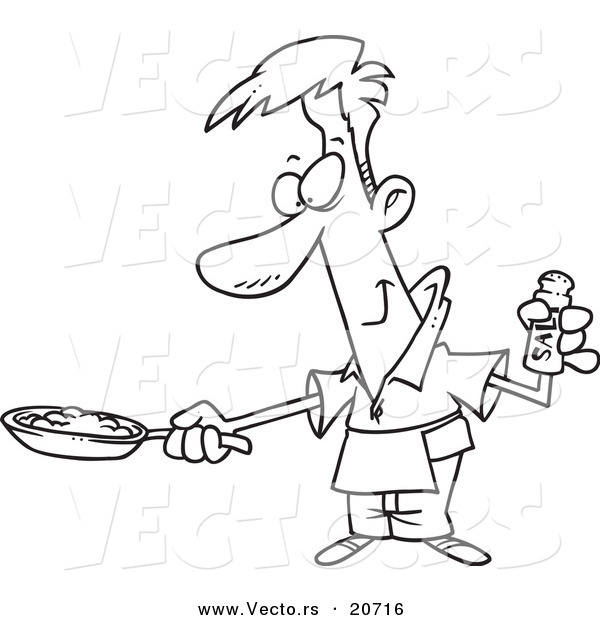 Vector of a Cartoon Man Wearing an Apron and Cooking Eggs - Coloring Page Outline