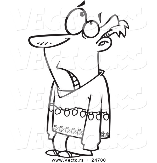 Vector of a Cartoon Man Wearing an Ugly Christmas Sweater and Lights - Outlined Coloring Page