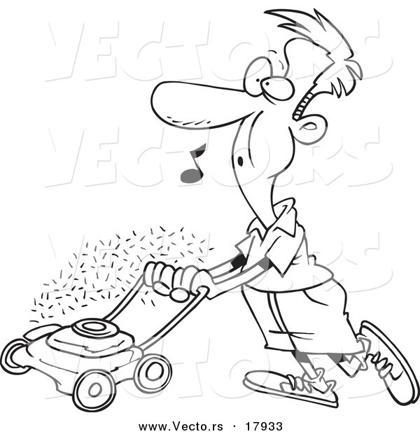 Vector of a Cartoon Man Whistling and Mowing His Lawn - Outlined Coloring Page