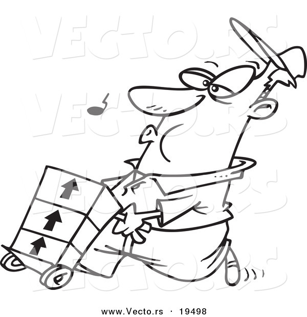 Vector of a Cartoon Man Whistling and Pushing a Dolly - Outlined Coloring Page
