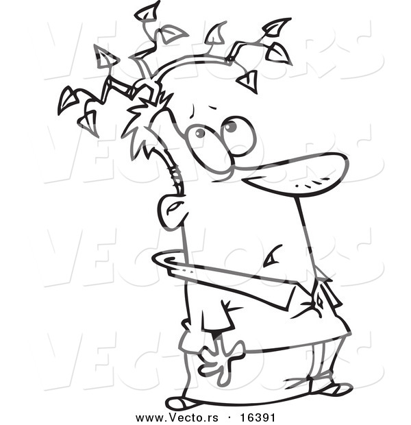 Vector of a Cartoon Man with a Branch Growing from His Head - Outlined Coloring Page Drawing