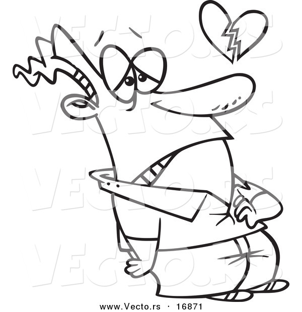 Vector of a Cartoon Man with a Broken Heart - Coloring Page Outline