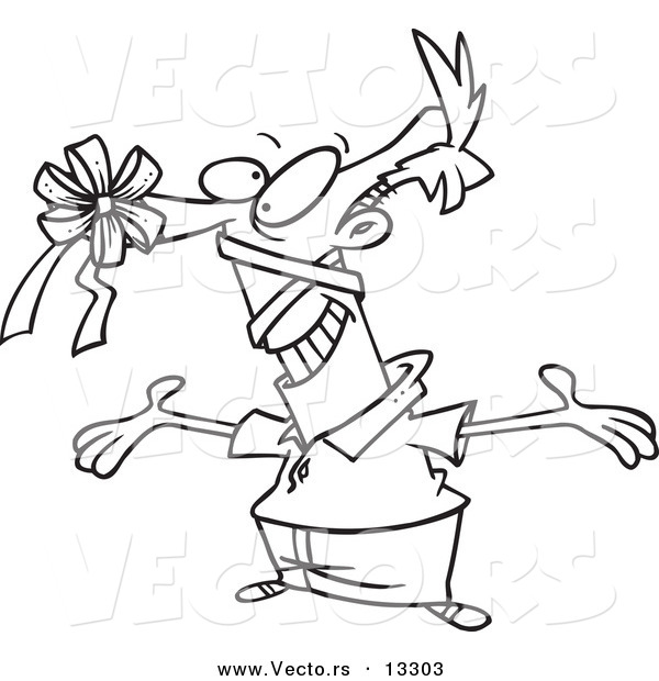 Vector of a Cartoon Man with a Gift Bow on His Nose - Coloring Page Outline