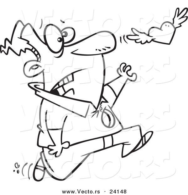 Vector of a Cartoon Man with a Hole in His Chest, Chasing His Winged Heart - Coloring Page Outline