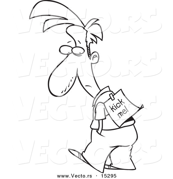 Vector of a Cartoon Man with a Kick Me Sign on His Back - Coloring Page Outline