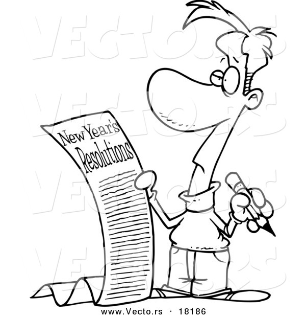 Vector of a Cartoon Man with a Long List of New Year Resolutions - Outlined Coloring Page
