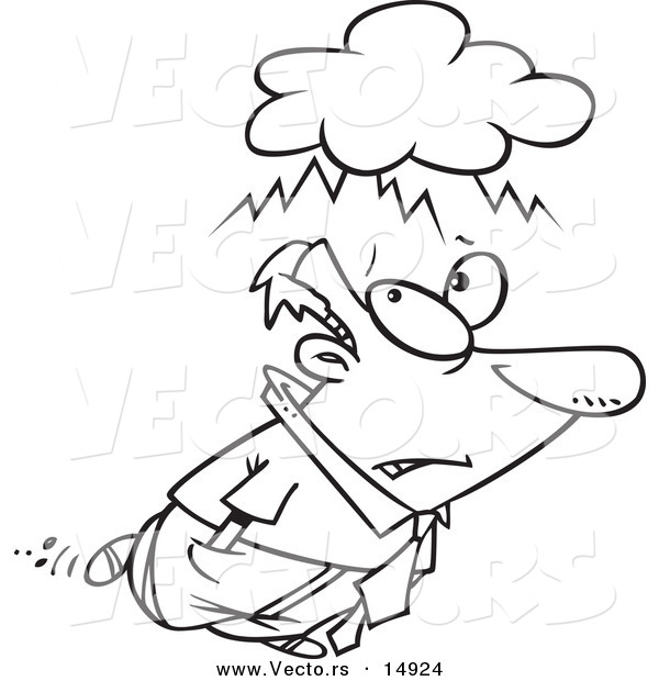 Vector of a Cartoon Man with an Overcast Cloud Above His Head - Coloring Page Outline