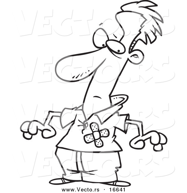 Vector of a Cartoon Man with Bandages over His Chest - Outlined Coloring Page Drawing