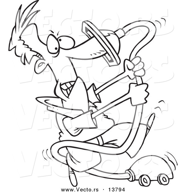 Vector of a Cartoon Man with His Nose Stuck in a Vacuum Cleaner - Coloring Page Outline