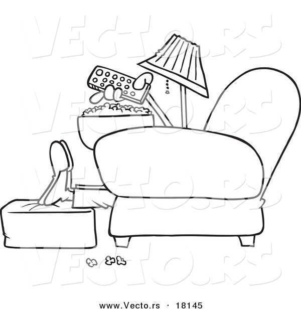 Vector of a Cartoon Man with Popcorn, Pointing a Remote at a Tv - Outlined Coloring Page