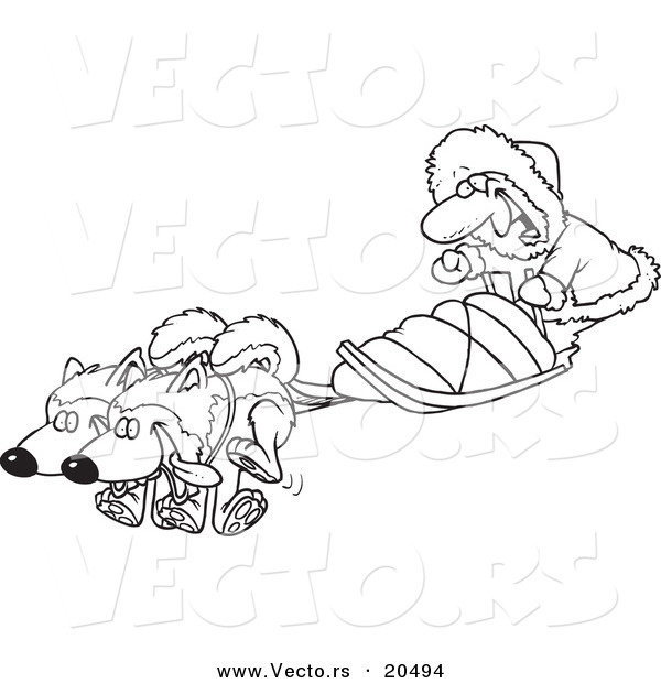 Vector of a Cartoon Man with Sled Dogs - Coloring Page Outline