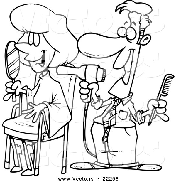 Vector of a Cartoon Man Working on a Female Client at a Salon - Outlined Coloring Page