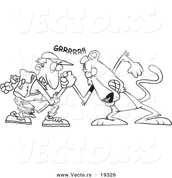Vector of a Cartoon Man Wrestling with a Cougar - Outlined Coloring Page