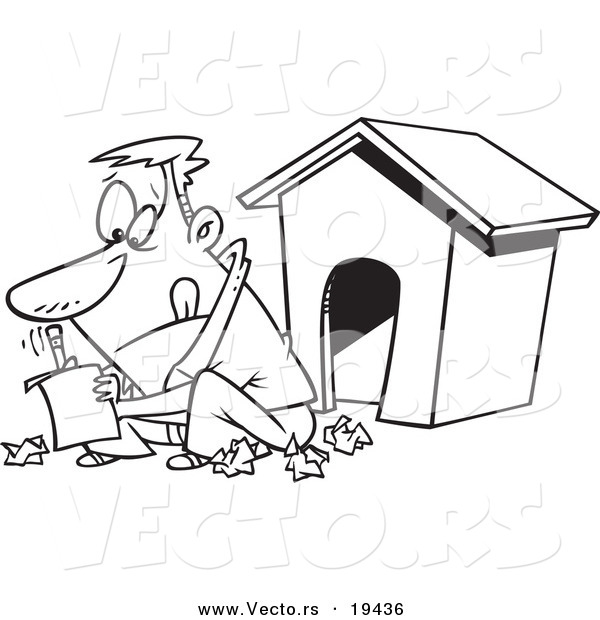 Vector of a Cartoon Man Writing a Letter by a Dog House - Outlined Coloring Page
