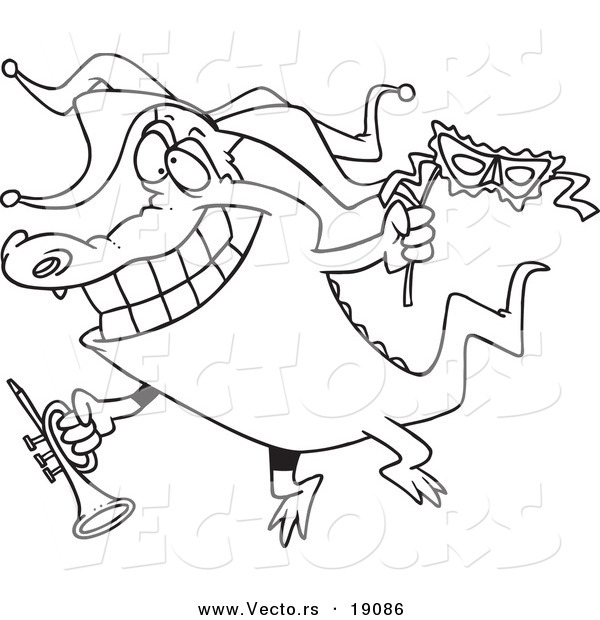 Vector of a Cartoon Mardi Gras Crocodile Holding a Trumpet - Outlined Coloring Page
