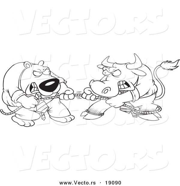 Vector of a Cartoon Market Bull and Bear Engaged in Tug of War - Outlined Coloring Page