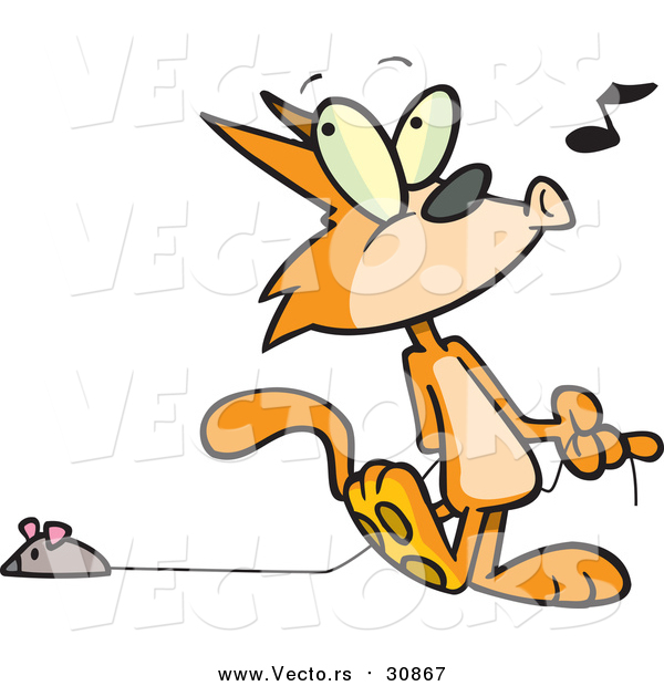 Vector of a Cartoon Marmalade Cat Whistling and Pulling a Mouse Toy