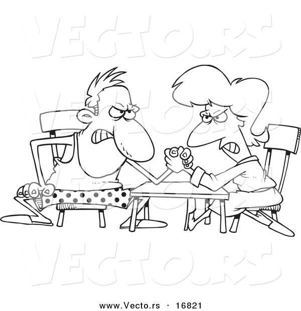 Vector of a Cartoon Married Couple Arm Wrestling - Coloring Page Outline