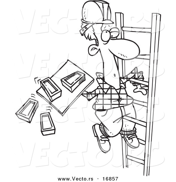 Vector of a Cartoon Mason Carrying Bricks on a Ladder - Coloring Page Outline