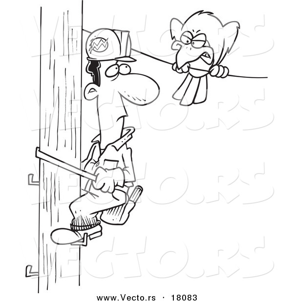 Vector of a Cartoon Mean Bird Glaring at a Lineman - Outlined Coloring Page
