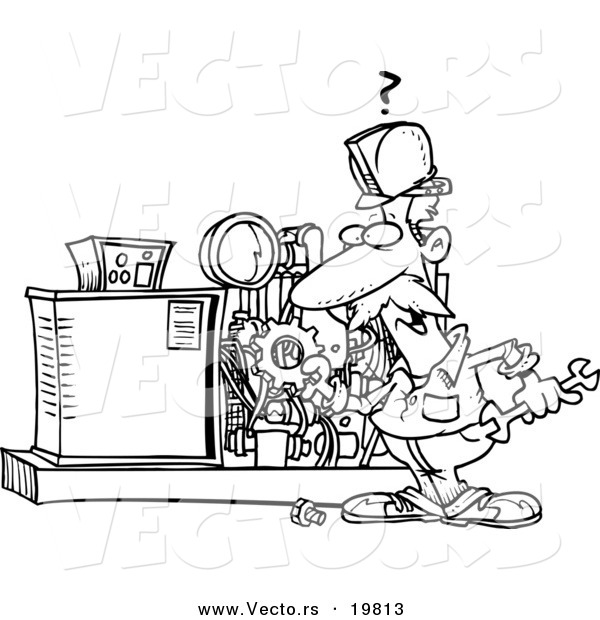 Vector of a Cartoon Mechanic Working on a Machine - Outlined Coloring Page