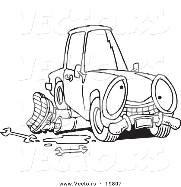 Vector of a Cartoon Mechanic Working Under a Car - Outlined Coloring Page