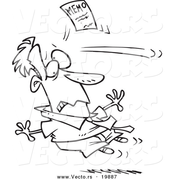 Vector of a Cartoon Memo Knocking out a Businessman - Outlined Coloring Page