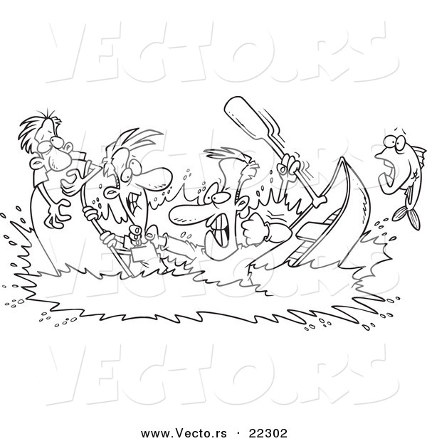 Vector of a Cartoon Men in a Canoe War - Coloring Page Outline