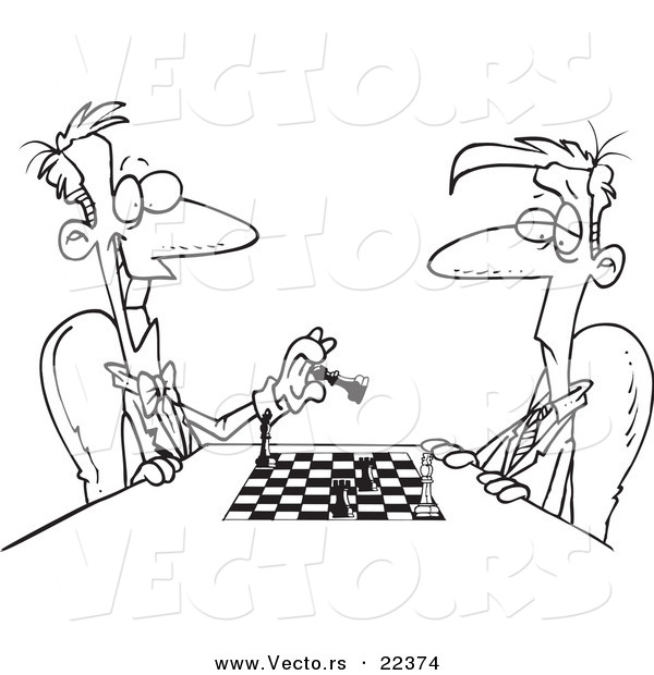 Vector of a Cartoon Men Playing Chess - Coloring Page Outline