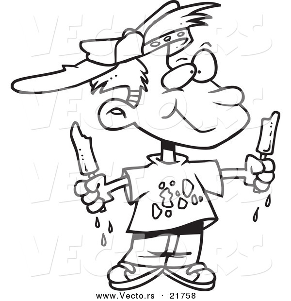 Vector of a Cartoon Messy Boy Eating Popsicles - Outlined Coloring Page