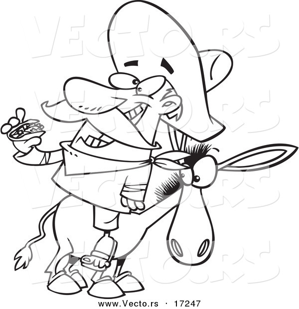 Vector of a Cartoon Mexican Man Eating a Taco on a Burro - Coloring Page Outline