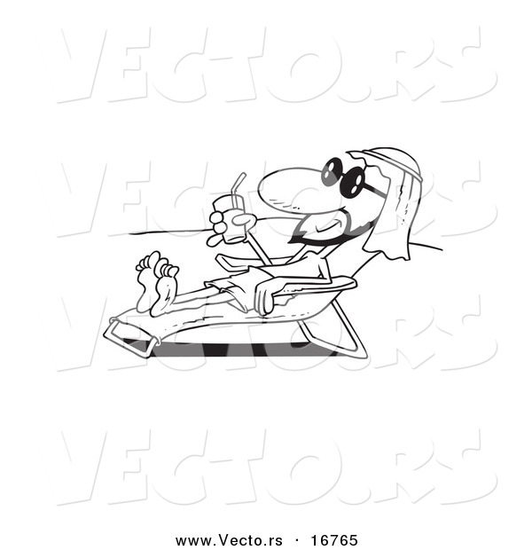 Vector of a Cartoon Middle Eastern Man Sun Bathing on a Beach - Coloring Page Outline