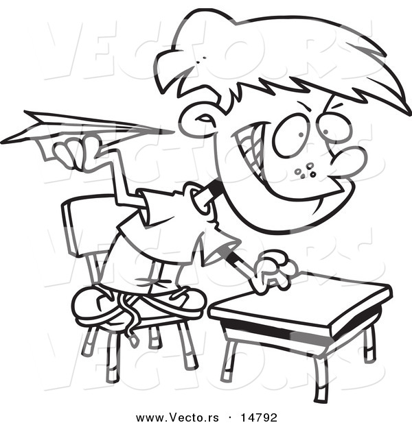 Vector of a Cartoon Mischievous School Boy Throwing Paper Planes in Class - Coloring Page Outline