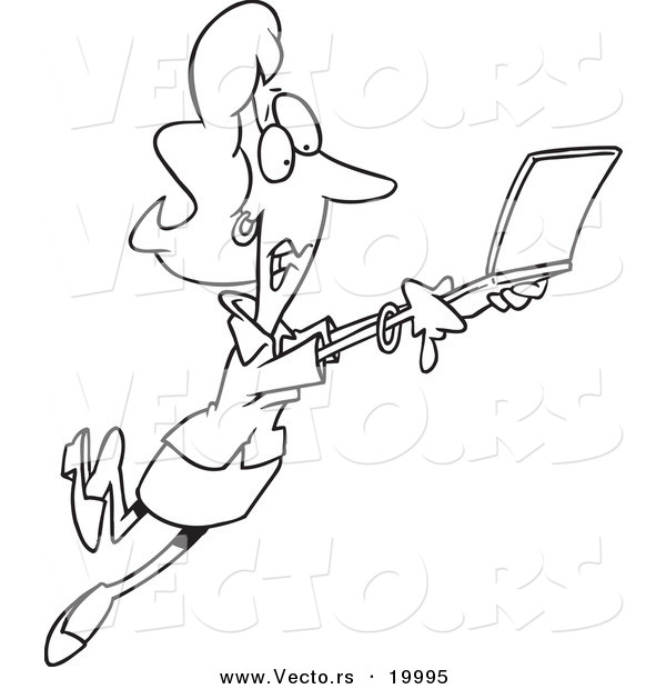 Vector of a Cartoon Mobile Businesswoman Taking off with Her Laptop - Outlined Coloring Page