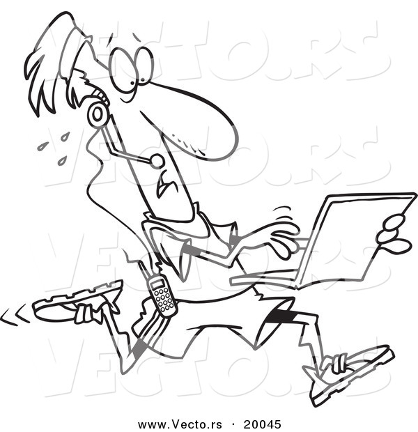 Vector of a Cartoon Mobile Jogger Using a Laptop - Outlined Coloring Page