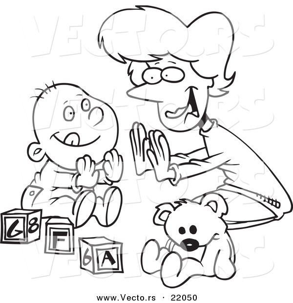 Vector of a Cartoon Mom Playing Patty Cake with Her Baby - Outlined Coloring Page