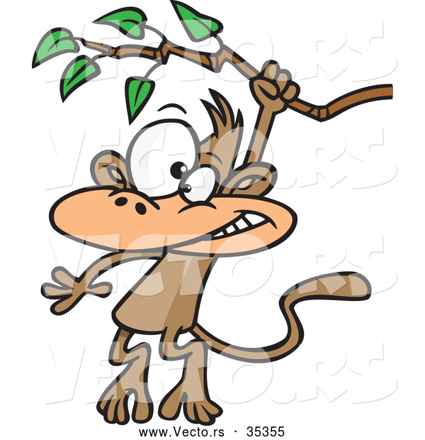 Vector of a Cartoon Monkey Swinging from a Treen Branch