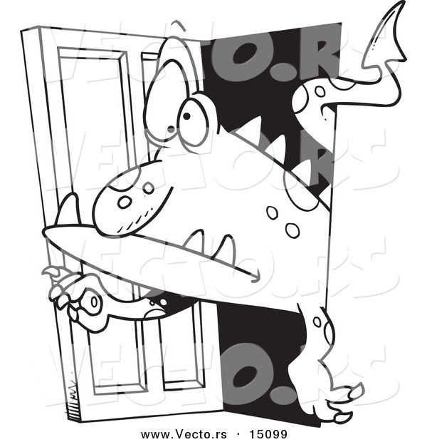 Vector of a Cartoon Monster Coming Through a Door - Coloring Page Outline