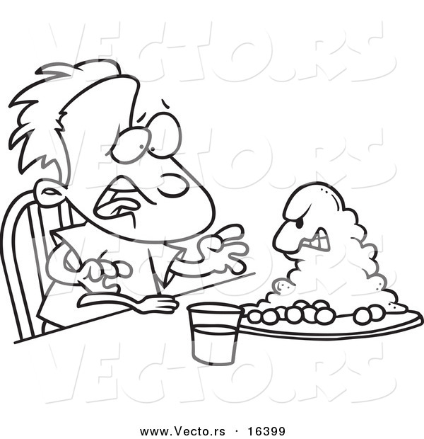 Vector of a Cartoon Monster Emerging from a Boy's Dinner Plate - Outlined Coloring Page Drawing