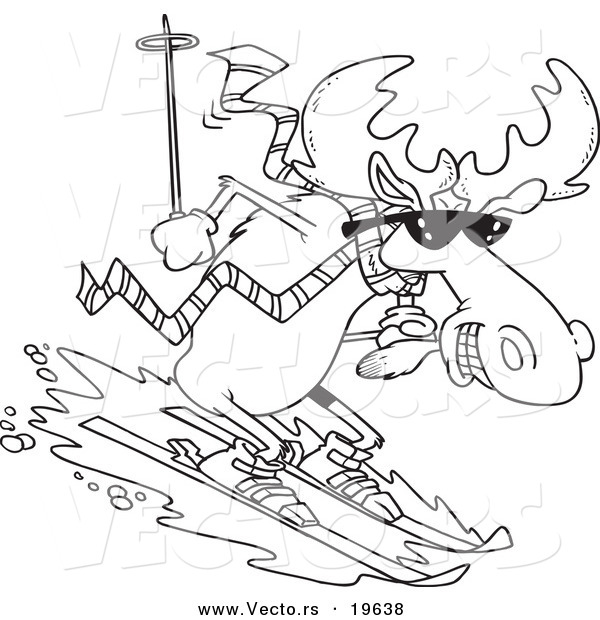 Vector of a Cartoon Moose Skiing Downhill - Outlined Coloring Page