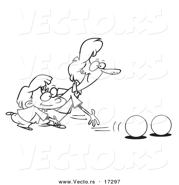 Vector of a Cartoon Mother and Daughter Bowling - Coloring Page Outline