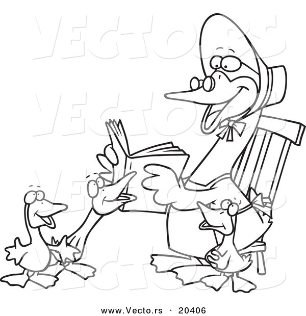 Vector of a Cartoon Mother Goose Reading to Goslings - Coloring Page Outline