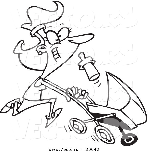Vector of a Cartoon Mother Running with a Pram - Outlined Coloring Page