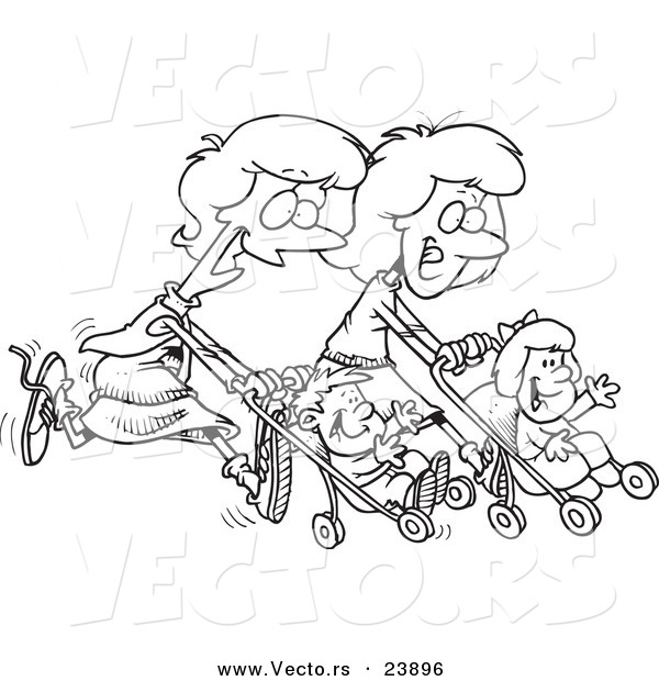 Vector of a Cartoon Mothers Running with Strollers - Coloring Page Outline