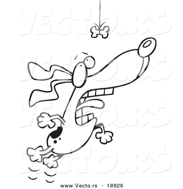 Vector of a Cartoon Motivated Dog Leaping for a Suspended Bone - Outlined Coloring Page