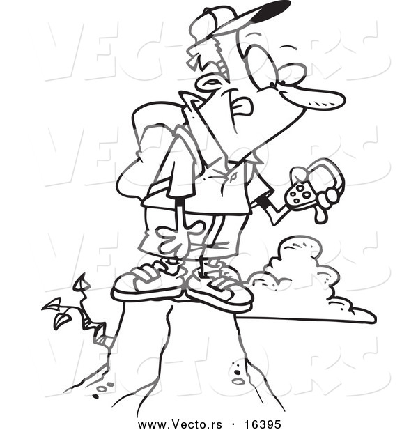 Vector of a Cartoon Mountain with His Gps Device - Outlined Coloring Page Drawing